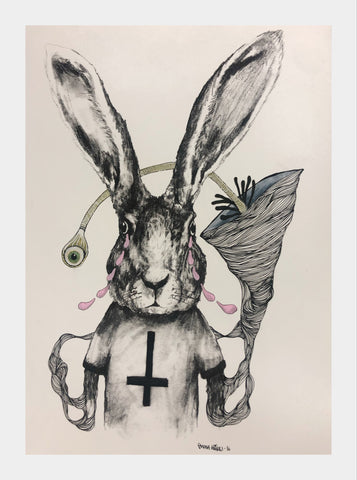 Satans hare, print with drawing, one of kind!