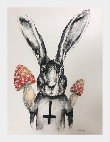 Satans hare, print with drawing, one of a kind